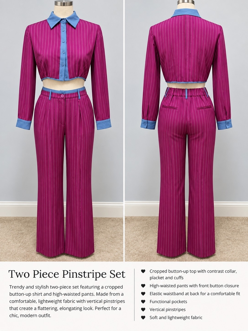 Two-Piece Pinstripe Crop Top & High-Waist Pants - Magenta with Blue Trim